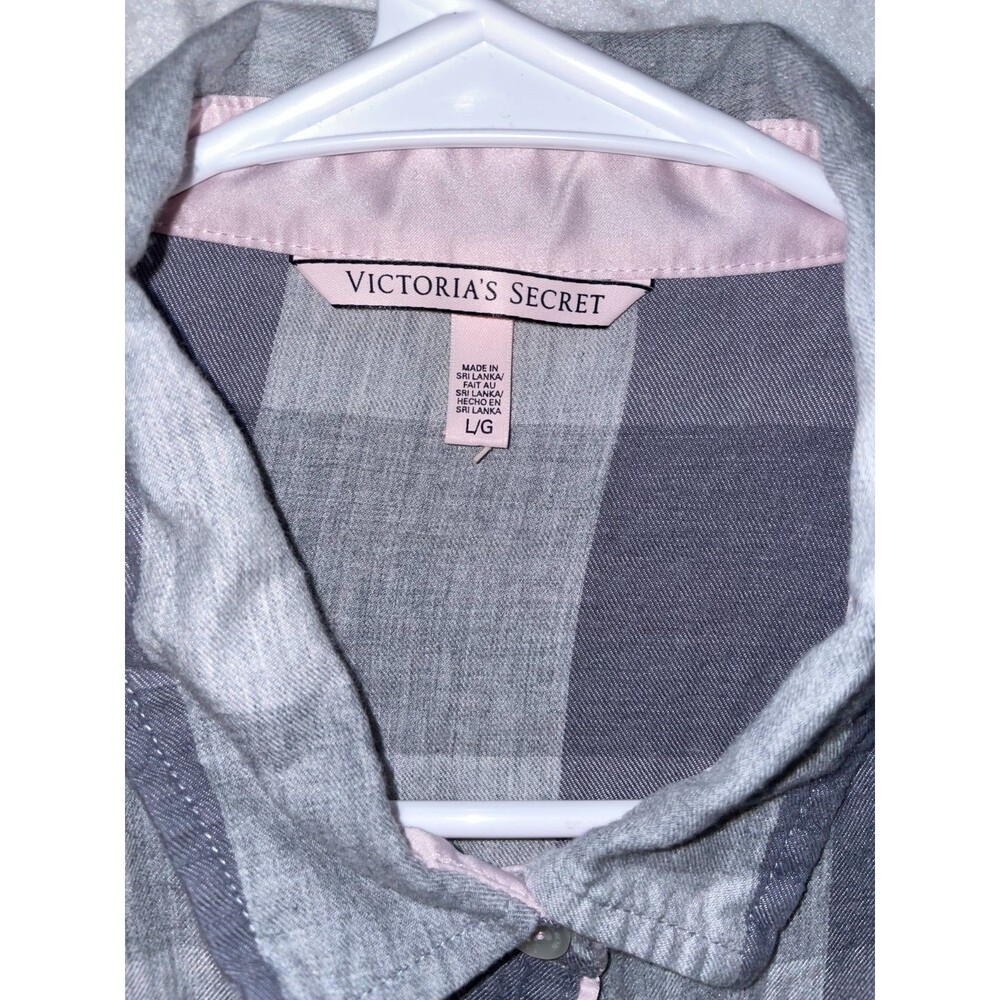 Victoria Secret Sleep Shirt Flannel long gown womens L Gray plaid Button Front - Picture 3 of 7